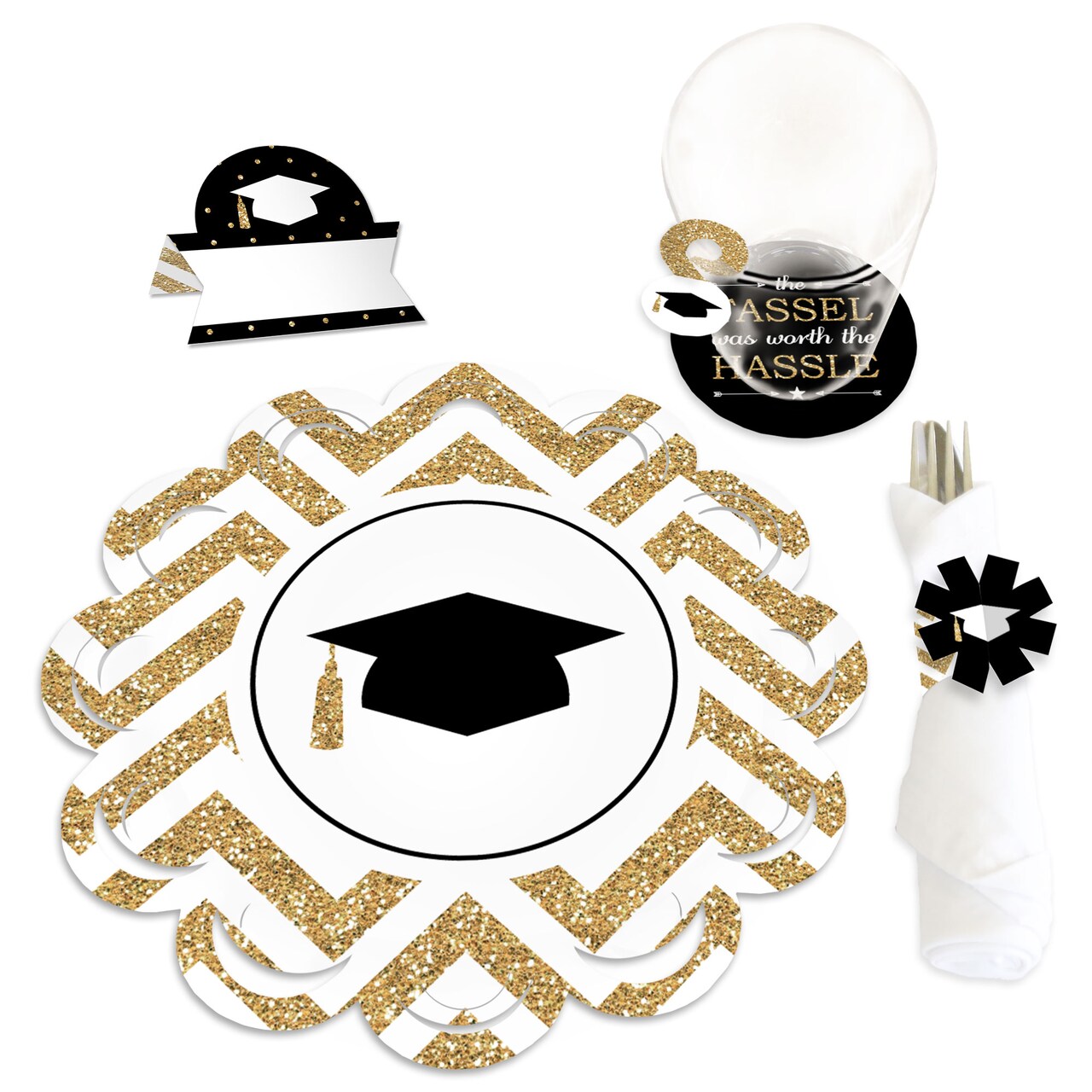 Big Dot of Happiness Gold Graduation Party Paper Charger and Table Decorations - Chargerific Kit - Place Setting for 8